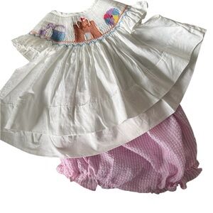 Cape Point White Smocked Beach scene darling boutique set top with Pink Bloomers